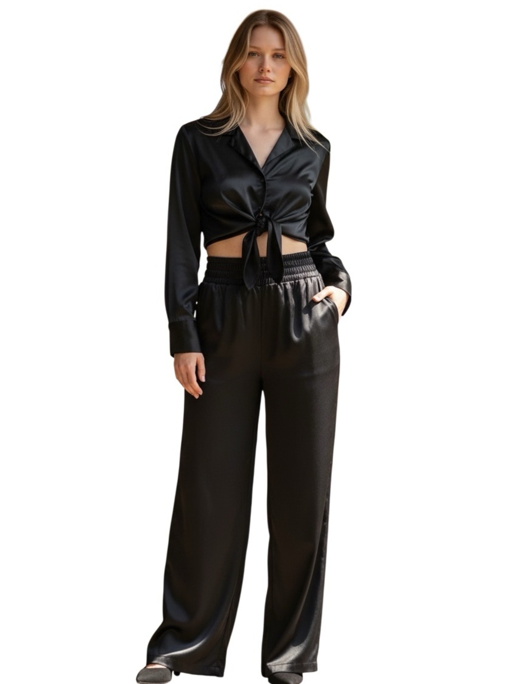 Satin Wide-Leg Pantsuit Pants - Black